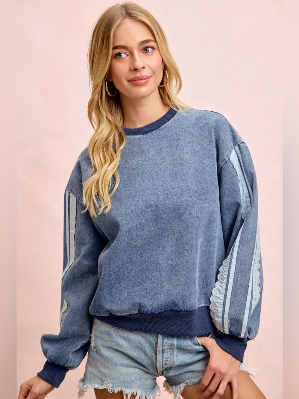 BiBi Washed Denim Lace Contrast Sided Sweatshirt